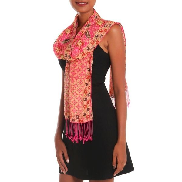 Alternate image for Batik Silk Shawl with Fuchsia Floral Motifs from Bali Kawung Plains in Fuchsia
