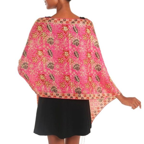 Alternate image for Batik Silk Shawl with Fuchsia Floral Motifs from Bali Kawung Plains in Fuchsia