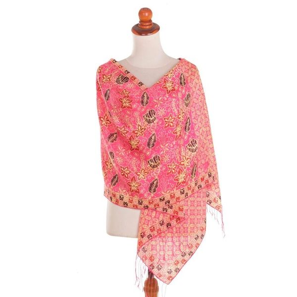 Alternate image for Batik Silk Shawl with Fuchsia Floral Motifs from Bali Kawung Plains in Fuchsia