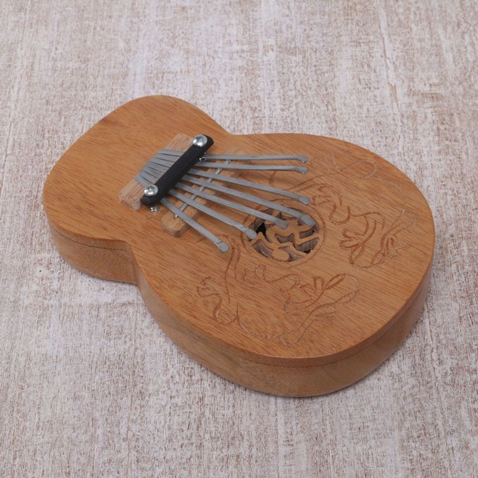 Decorative Teak Wood Kalimba Thumb Piano from Indonesia 'Gecko Curves'