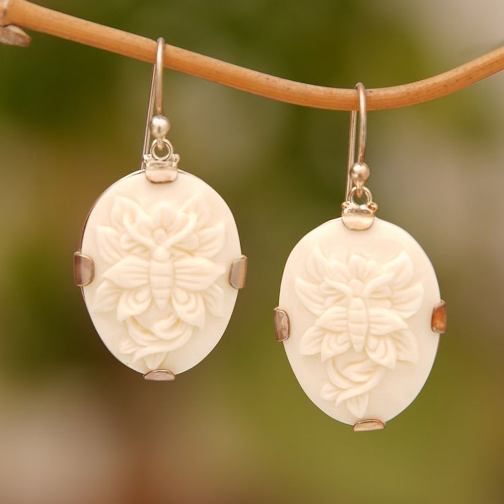 Sterling Silver and Bone Butterfly Earrings from Bali 'Twin Butterflies'
