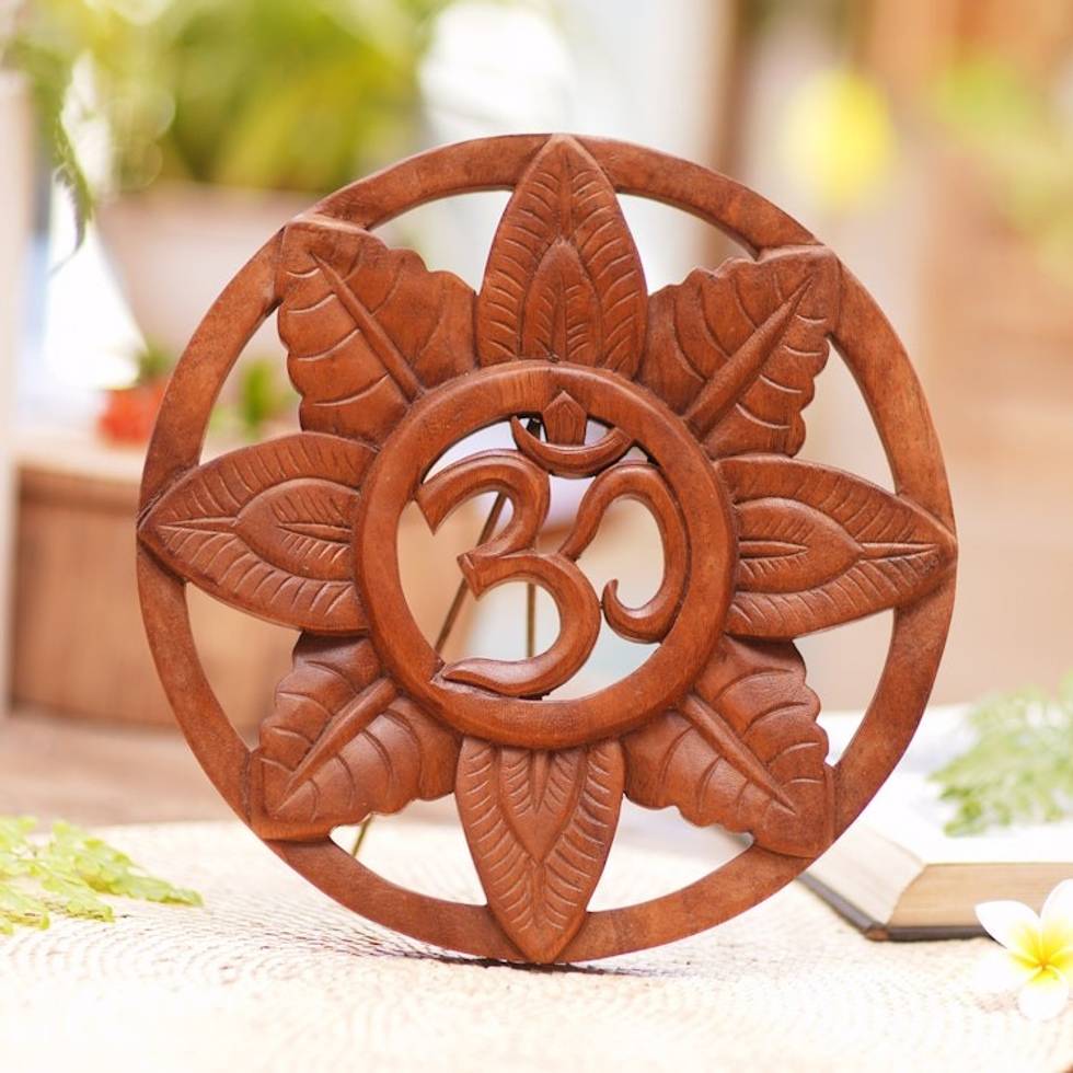 Hand Carved Wood Relief Panel with Leaves and Om Symbol 'Jungle Om'