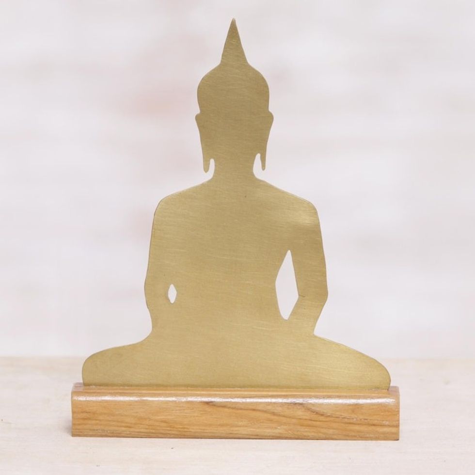 Brass Meditating Buddha Sculpture on Wood Base 'Sitting Buddha'