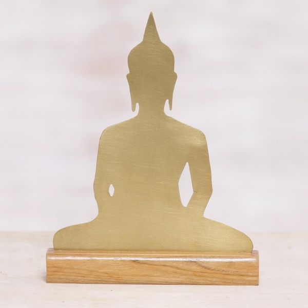 Alternate image for Brass Meditating Buddha Sculpture on Wood Base Sitting Buddha