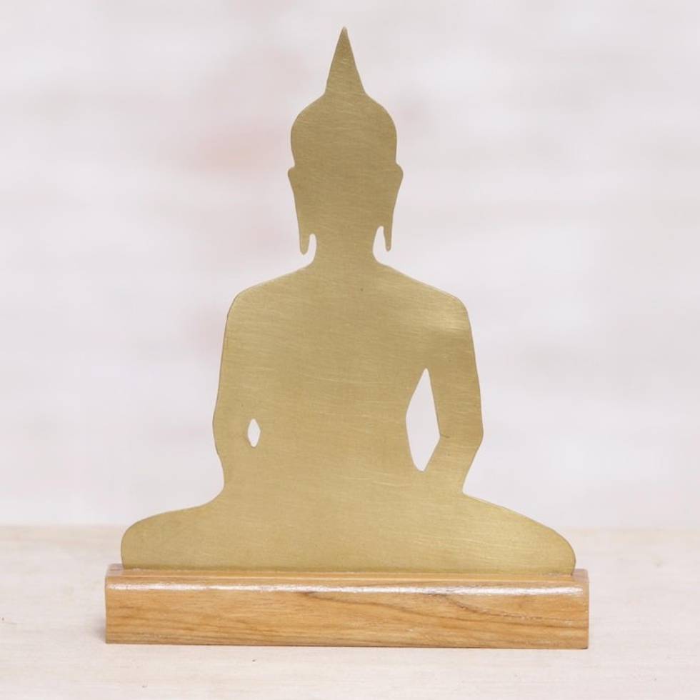 Brass Meditating Buddha Sculpture on Wood Base 'Sitting Buddha'