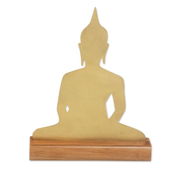 Alternate image for Brass Meditating Buddha Sculpture on Wood Base Sitting Buddha