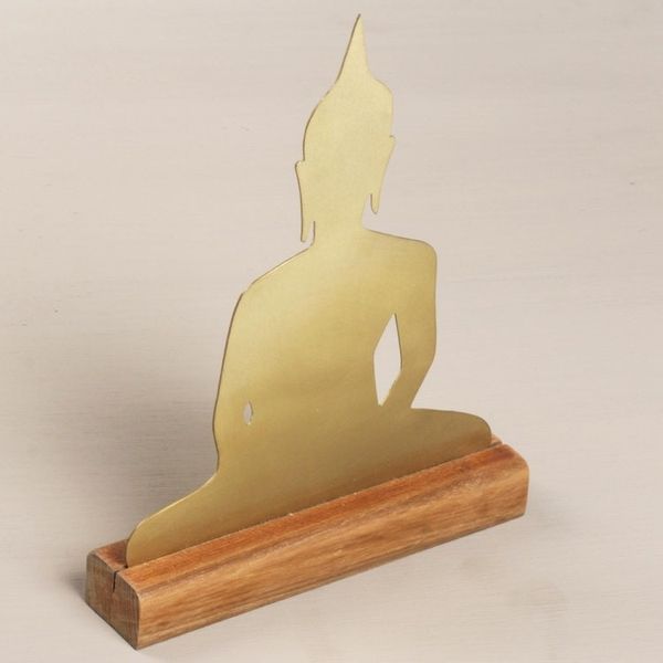 Alternate image for Brass Meditating Buddha Sculpture on Wood Base Sitting Buddha