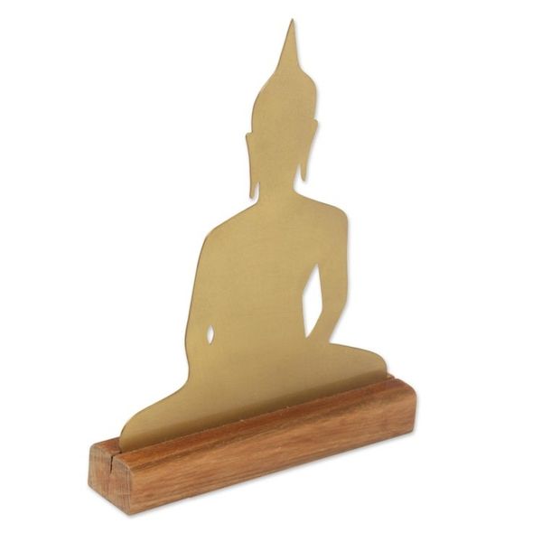 Alternate image for Brass Meditating Buddha Sculpture on Wood Base Sitting Buddha