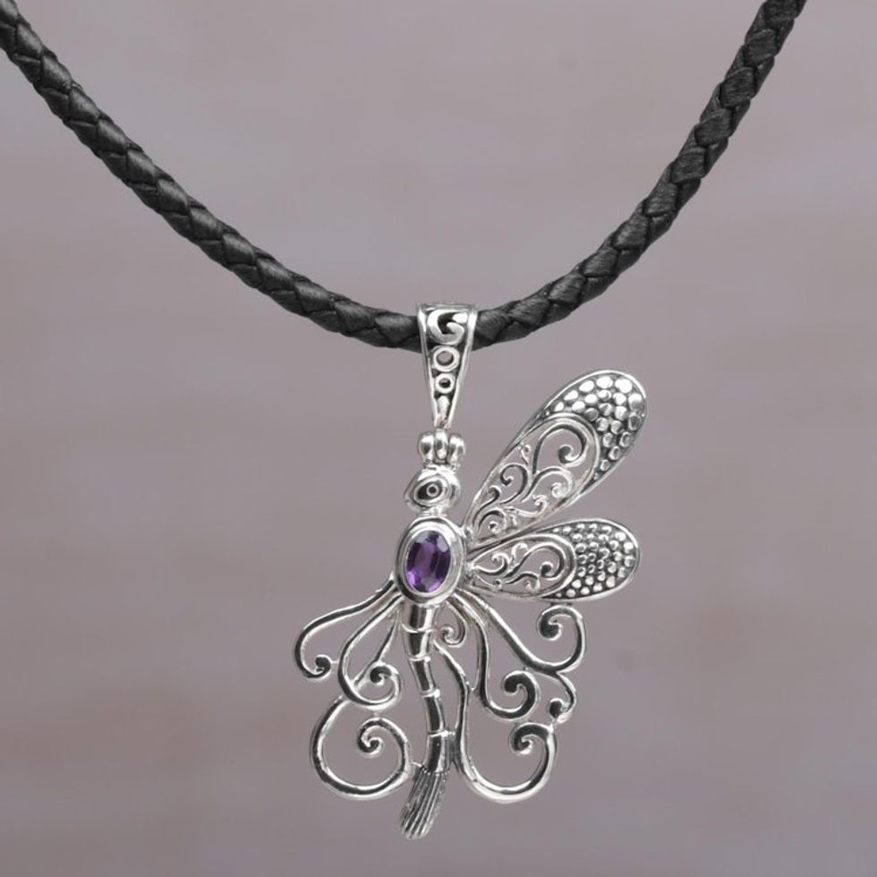 Balinese Amethyst and Leather Dragonfly Pendant Necklace 'Bali Dragonfly'