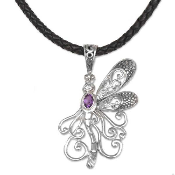 Alternate image for Balinese Amethyst and Leather Dragonfly Pendant Necklace Bali Dragonfly