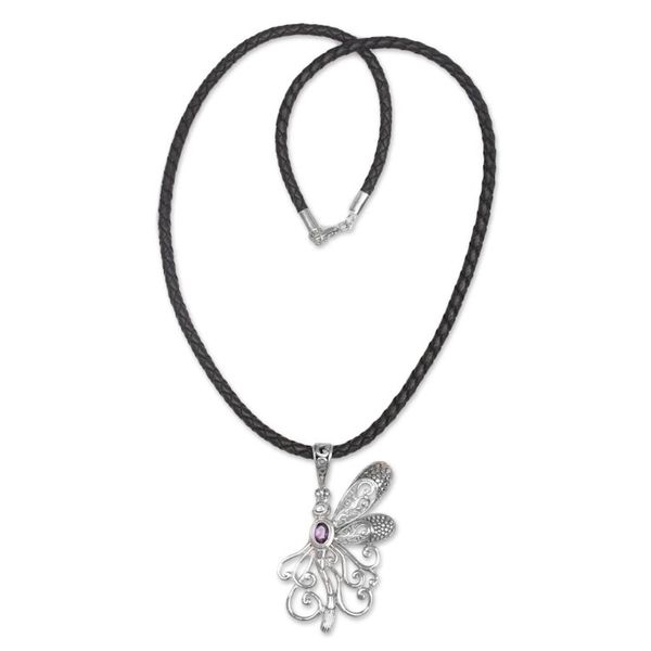 Alternate image for Balinese Amethyst and Leather Dragonfly Pendant Necklace Bali Dragonfly