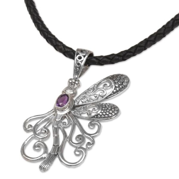 Alternate image for Balinese Amethyst and Leather Dragonfly Pendant Necklace Bali Dragonfly