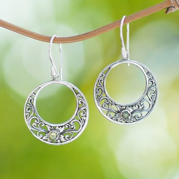 Alternate image for Peridot and 925 Sterling Silver Dangle Earrings from Bali Crescent Spirals