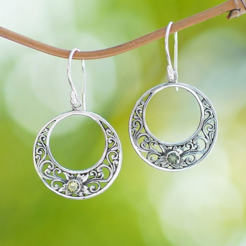 Peridot and 925 Sterling Silver Dangle Earrings from Bali 'Crescent Spirals'