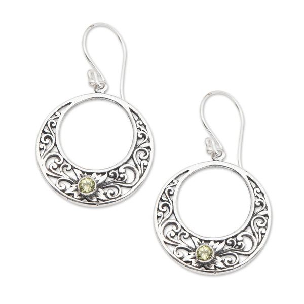 Alternate image for Peridot and 925 Sterling Silver Dangle Earrings from Bali Crescent Spirals