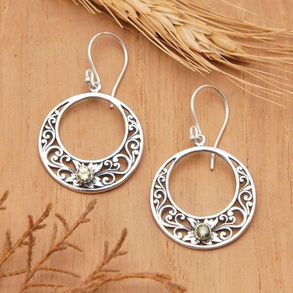 Alternate image for Peridot and 925 Sterling Silver Dangle Earrings from Bali Crescent Spirals