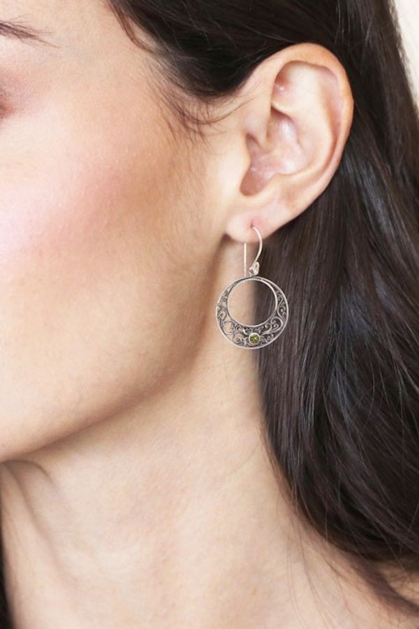Alternate image for Peridot and 925 Sterling Silver Dangle Earrings from Bali Crescent Spirals