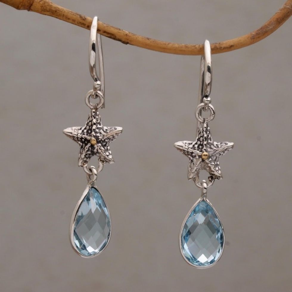 Handmade Blue Topaz Sterling Silver Starfish Dangle Earrings 'Starfish Drop'