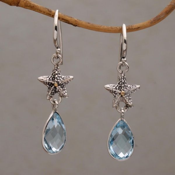 Alternate image for Handmade Blue Topaz Sterling Silver Starfish Dangle Earrings Starfish Drop