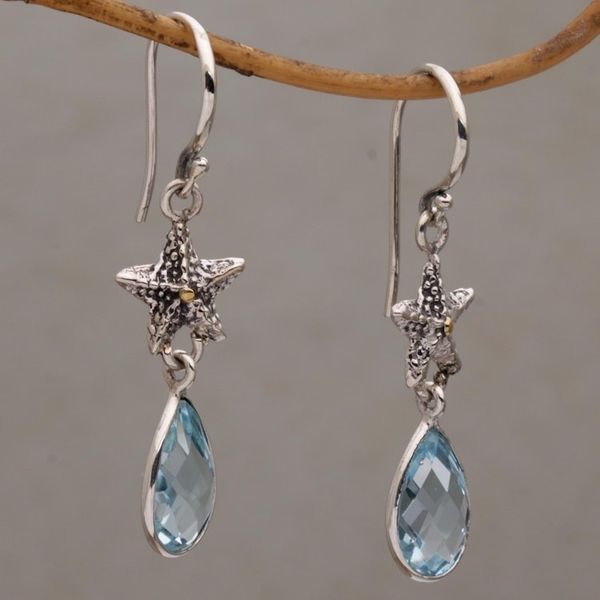 Alternate image for Handmade Blue Topaz Sterling Silver Starfish Dangle Earrings Starfish Drop