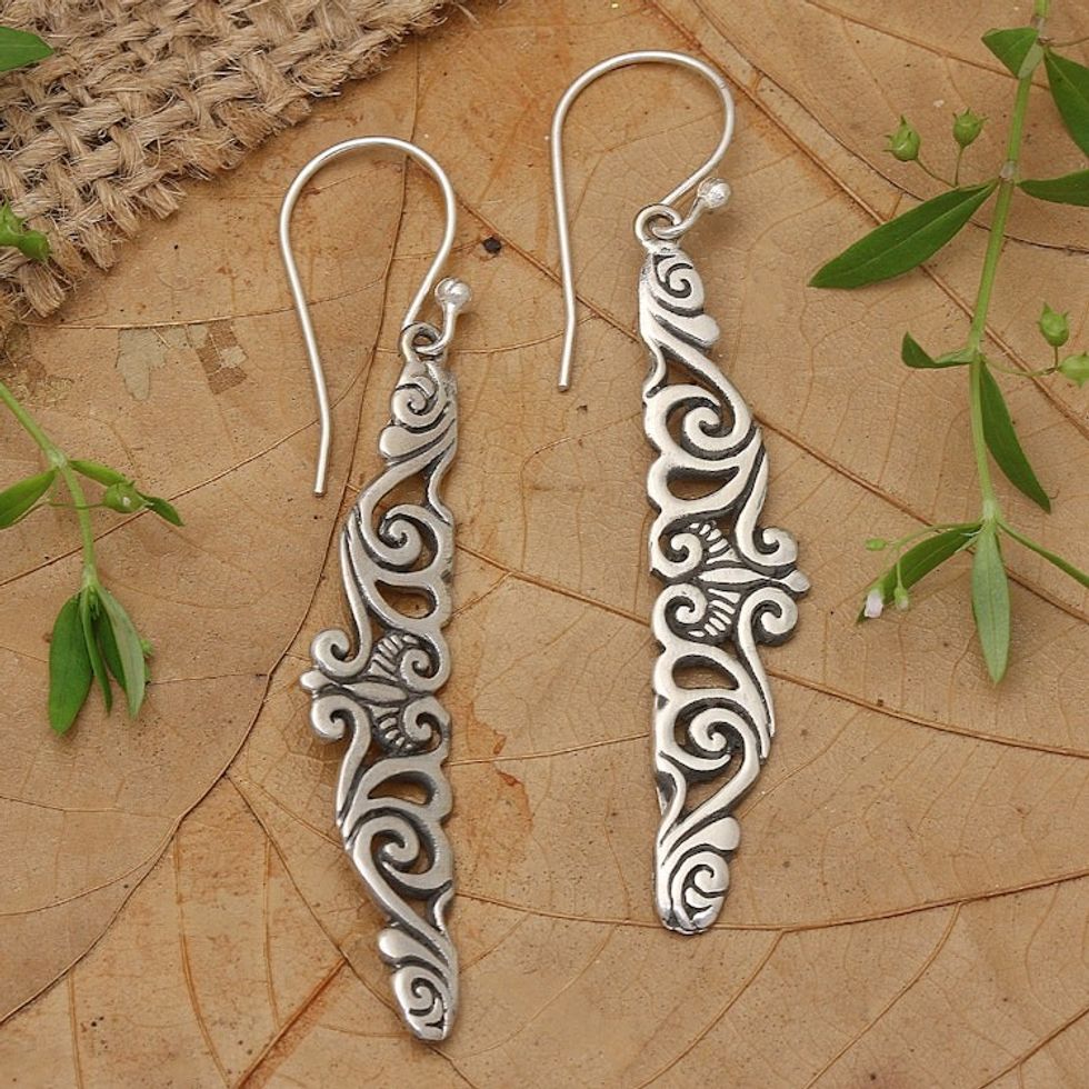 Hand-Crafted Sterling Silver Dangle Earrings from Bali 'Floral Tie'
