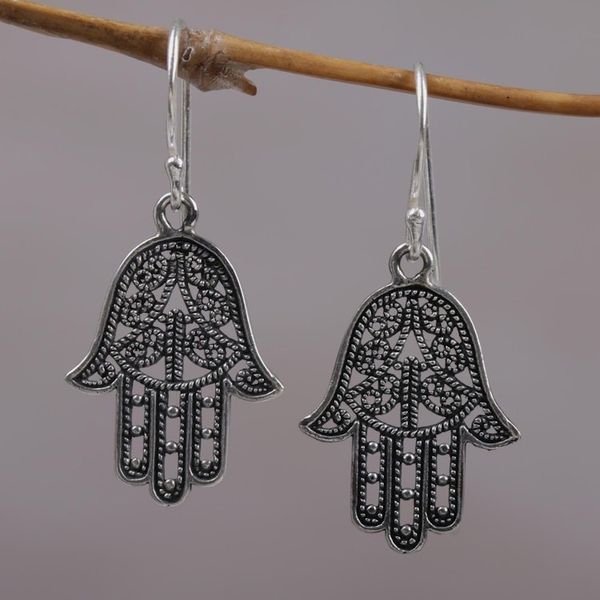 Alternate image for 925 Sterling Silver Hamsa Dangle Earrings from Bali Holy Hamsa