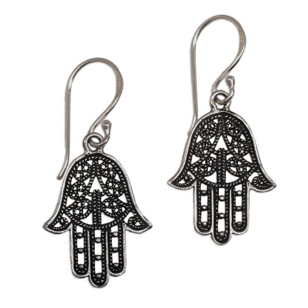 Alternate image for 925 Sterling Silver Hamsa Dangle Earrings from Bali Holy Hamsa