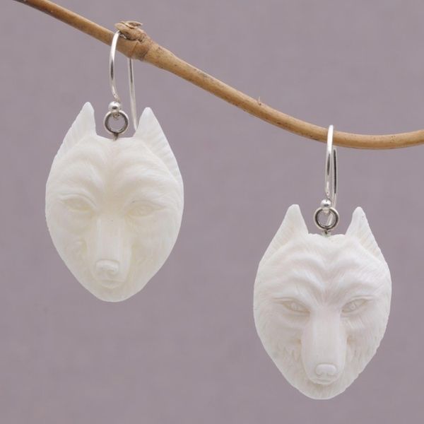 Alternate image for Handcrafted Bone Wolf Head Dangle Earrings from Bali Wolf Pack