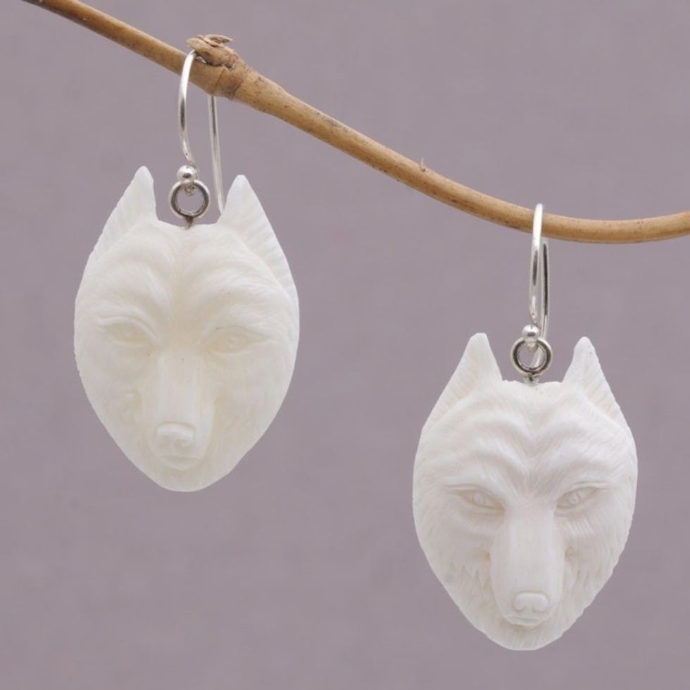Handcrafted Bone Wolf Head Dangle Earrings from Bali 'Wolf Pack'