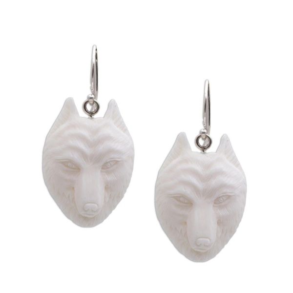 Alternate image for Handcrafted Bone Wolf Head Dangle Earrings from Bali Wolf Pack
