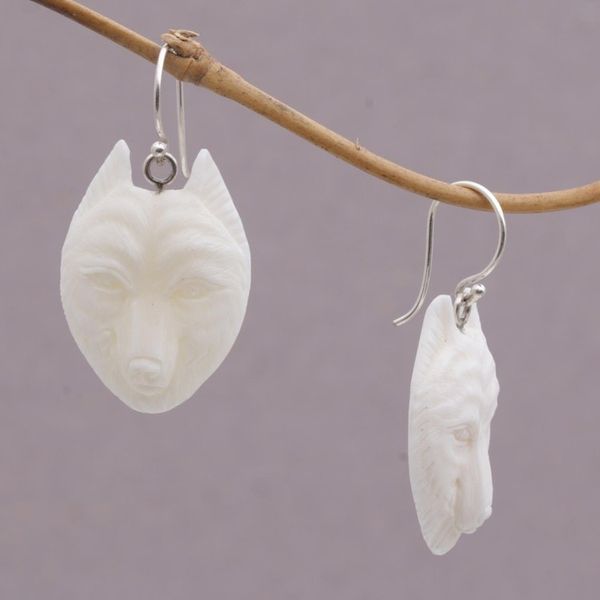 Alternate image for Handcrafted Bone Wolf Head Dangle Earrings from Bali Wolf Pack