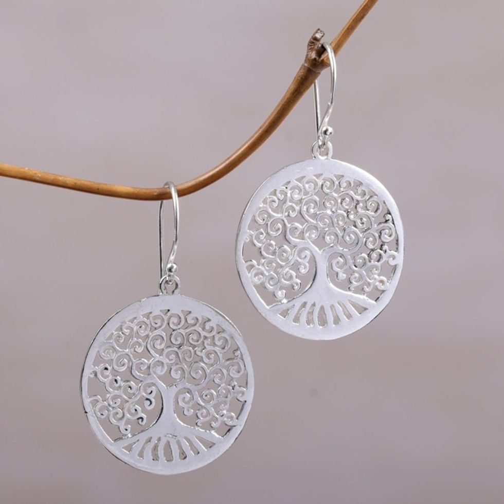 Sterling Silver Tree Shaped Dangle Earrings from Indonesia 'Delightful Trees'