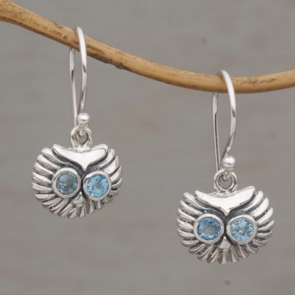 Alternate image for Petite Sterling Silver and Blue Topaz Owl Earrings Owls Bright Gaze