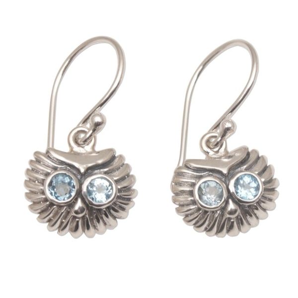 Alternate image for Petite Sterling Silver and Blue Topaz Owl Earrings Owls Bright Gaze