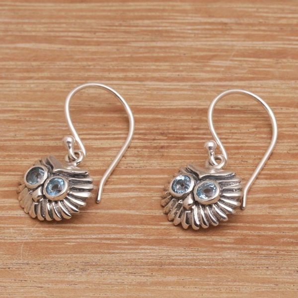 Alternate image for Petite Sterling Silver and Blue Topaz Owl Earrings Owls Bright Gaze