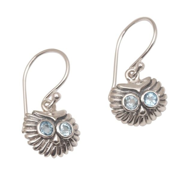 Alternate image for Petite Sterling Silver and Blue Topaz Owl Earrings Owls Bright Gaze