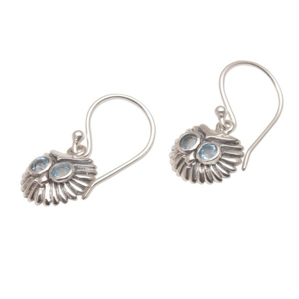 Alternate image for Petite Sterling Silver and Blue Topaz Owl Earrings Owls Bright Gaze