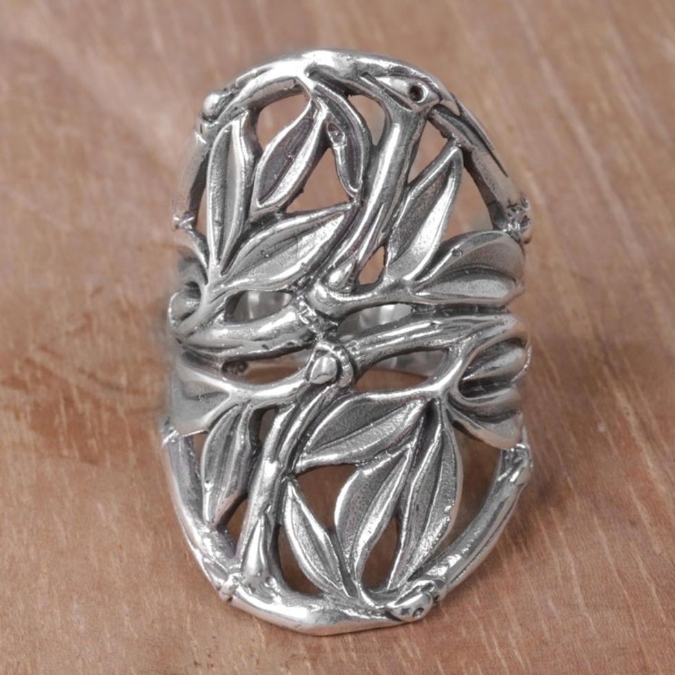 Hand Crafted Sterling Silver Openwork Ring from Indonesia 'Bamboo Shield'