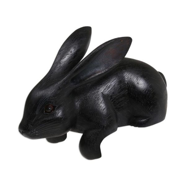 Alternate image for Handcrafted Suar Wood Rabbit Sculpture in Black from Bali Curious Rabbit in Black