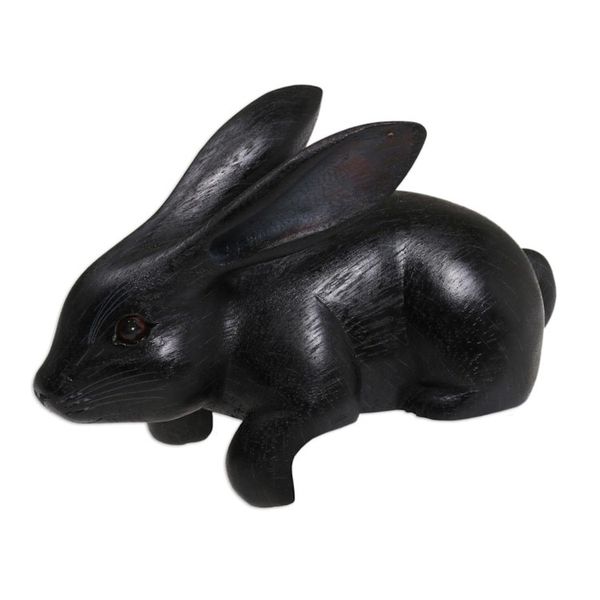 Alternate image for Handcrafted Suar Wood Rabbit Sculpture in Black from Bali Curious Rabbit in Black