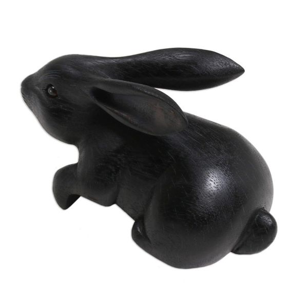 Alternate image for Handcrafted Suar Wood Rabbit Sculpture in Black from Bali Curious Rabbit in Black