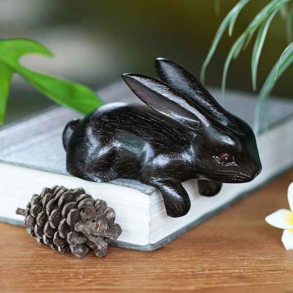 Alternate image for Handcrafted Suar Wood Rabbit Sculpture in Black from Bali Curious Rabbit in Black