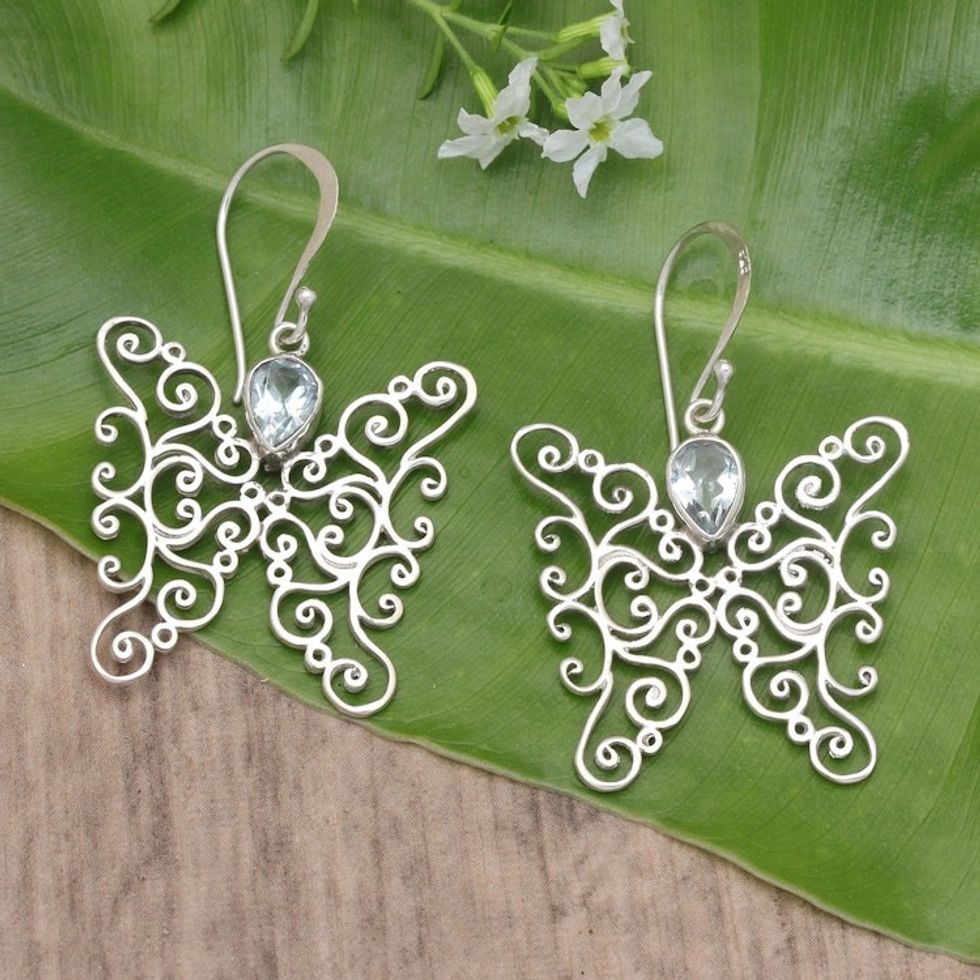 Blue Topaz and Sterling Silver Butterfly Earrings from Bali 'Butterfly Swirls'