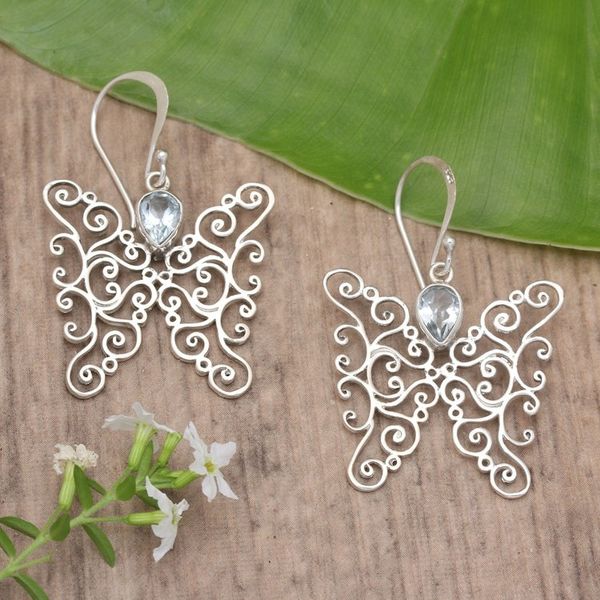 Alternate image for Blue Topaz and Sterling Silver Butterfly Earrings from Bali Butterfly Swirls
