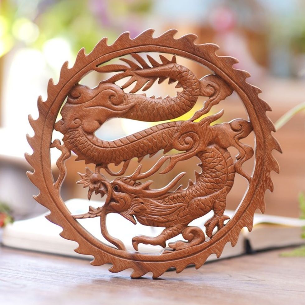 Hand Carved Wood Relief Panel of a Dragon from Indonesia 'Aura of Antaboga'