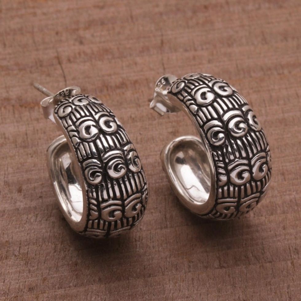 Samsi Motif Sterling Silver Half-Hoop Earrings from Bali 'Samsi Shrine'