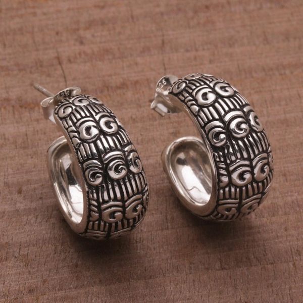 Alternate image for Samsi Motif Sterling Silver Half-Hoop Earrings from Bali Samsi Shrine