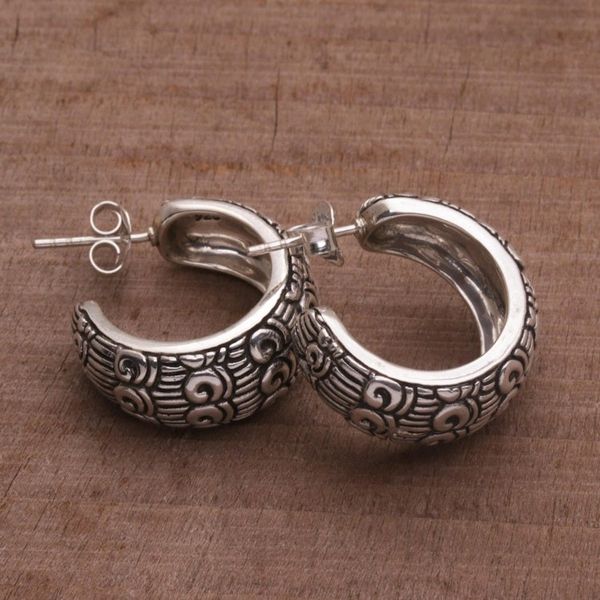 Alternate image for Samsi Motif Sterling Silver Half-Hoop Earrings from Bali Samsi Shrine