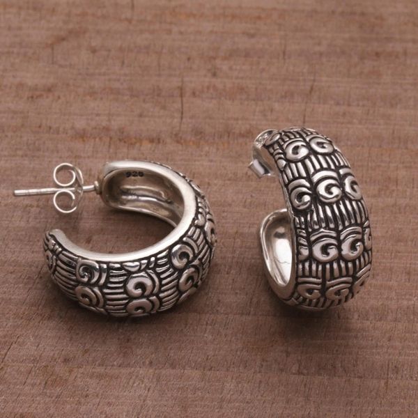 Alternate image for Samsi Motif Sterling Silver Half-Hoop Earrings from Bali Samsi Shrine
