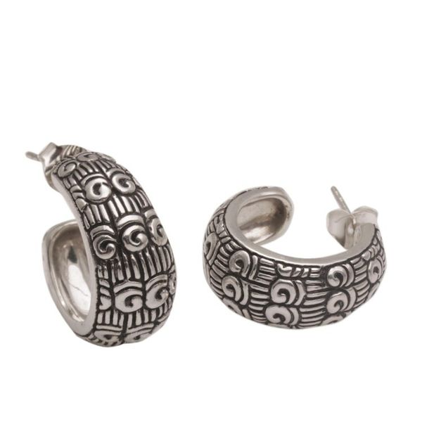 Alternate image for Samsi Motif Sterling Silver Half-Hoop Earrings from Bali Samsi Shrine